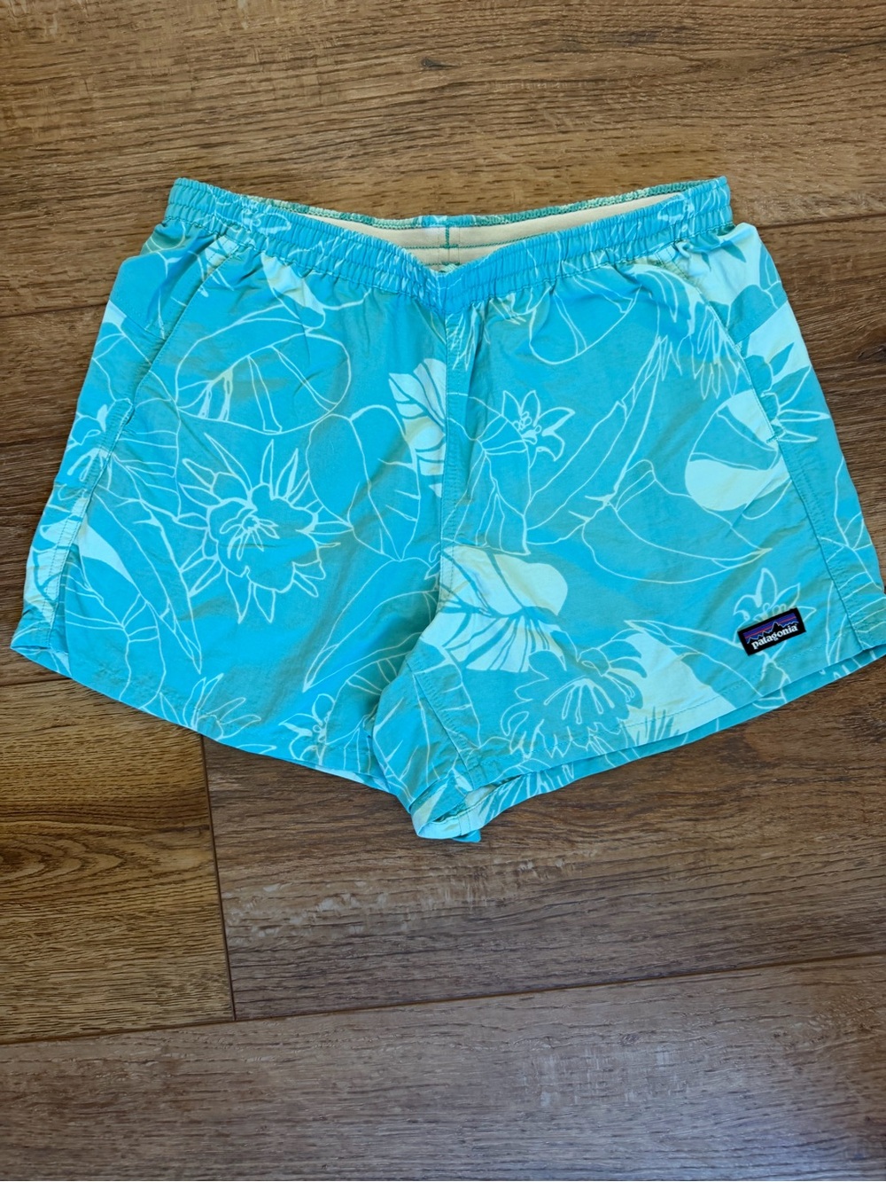 Patagonia Turquoise Leaf-Print Baggies Swim/Active Shorts / small